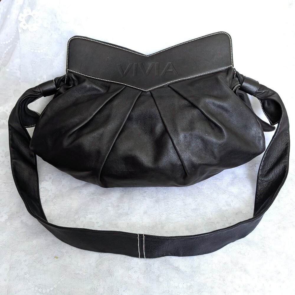 VIVIA Italy Large Genuine Black Pebbled Leather Shoulder Tote Bag Handbag